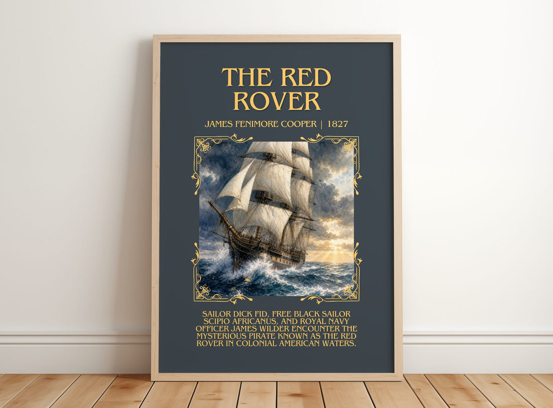 The Red Rover Minimalist Book Poster by James Fenimore Cooper – framed print leaning on a wooden floor