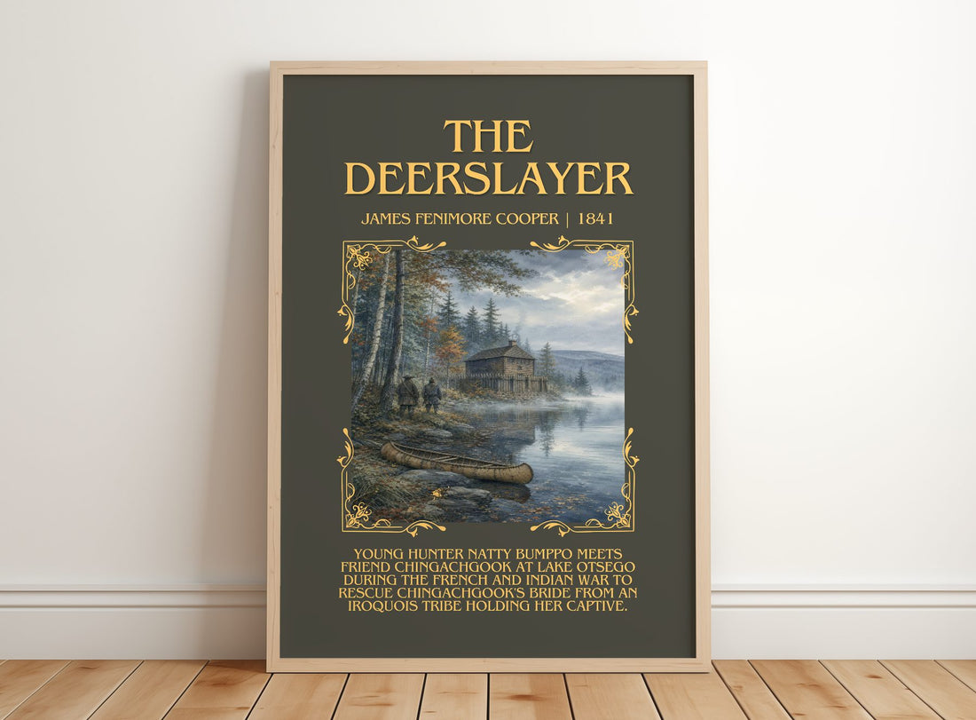 The Deerslayer Minimalist Book Poster by James Fenimore Cooper – framed print leaning on a wooden floor