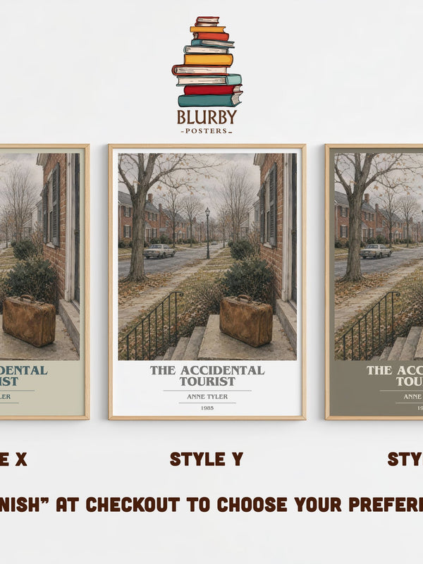 The Accidental Tourist book cover print in frame leaning in hallway – literary fiction wall art