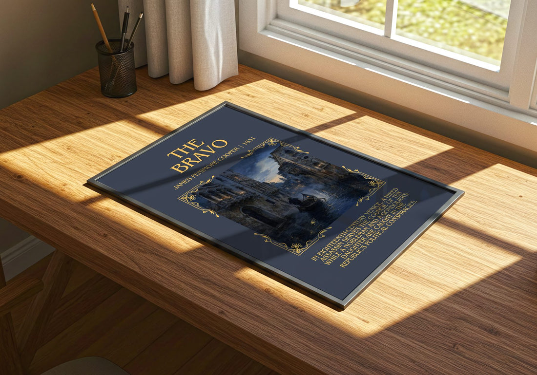 The Bravo Minimalist Book Poster by James Fenimore Cooper – print on a sunlit desk