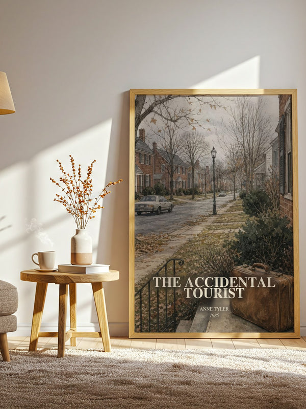 The Accidental Tourist watercolour print in frame leaning in hallway – literary fiction wall art