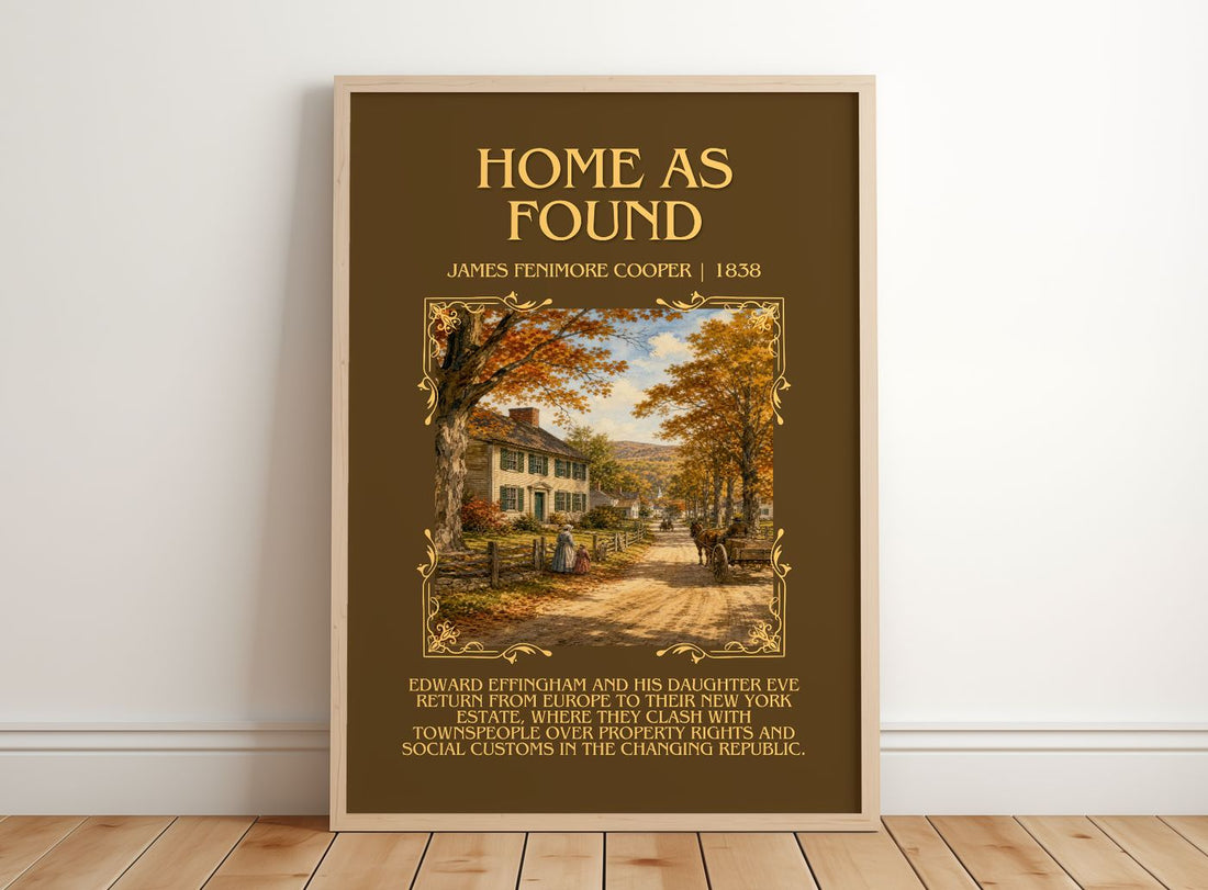 Home As Found Minimalist Book Poster by James Fenimore Cooper – framed print leaning on a wooden floor