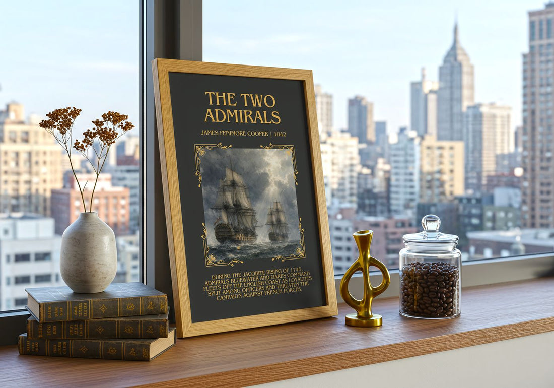 The Two Admirals Minimalist Book Poster by James Fenimore Cooper – framed print on a city-view windowsill
