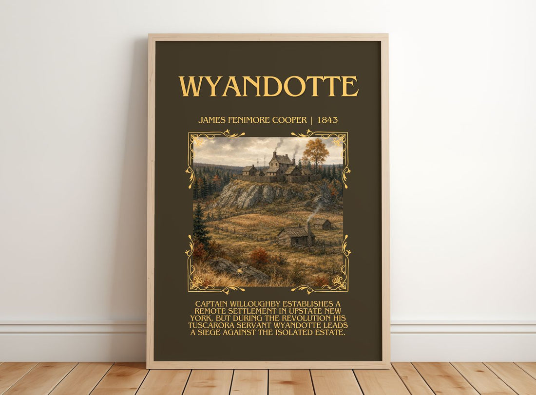 Wyandotté Minimalist Book Poster by James Fenimore Cooper – framed print leaning on a wooden floor