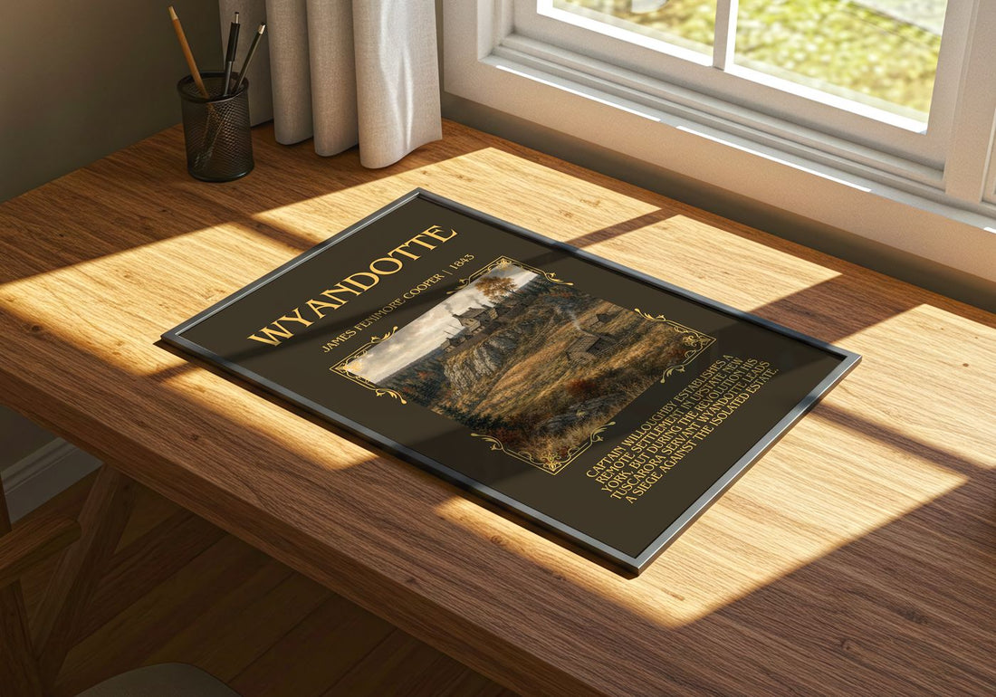 Wyandotté Minimalist Book Poster by James Fenimore Cooper – print on a sunlit desk