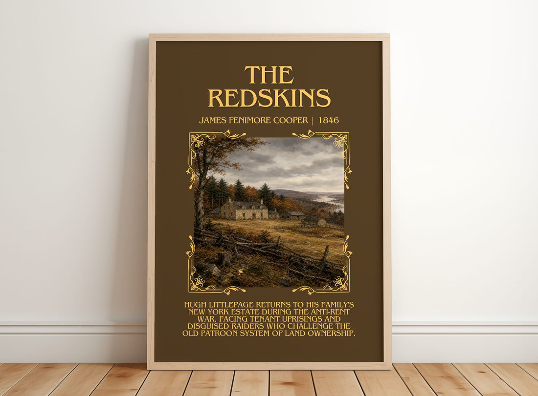 The Redskins Minimalist Book Poster by James Fenimore Cooper – framed print leaning on a wooden floor