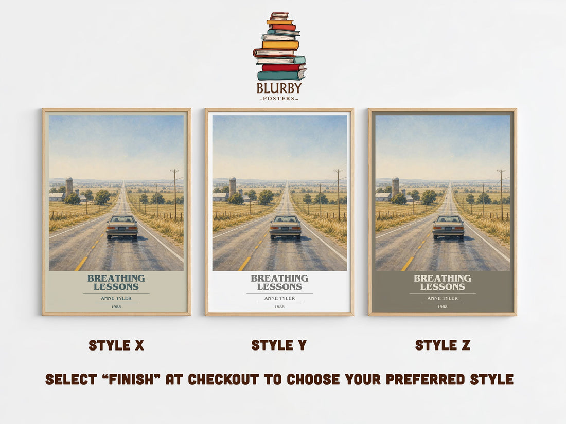 Breathing Lessons book cover print in frame leaning in hallway – literary fiction wall art (mockup)
