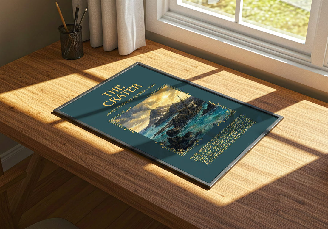The Crater Minimalist Book Poster by James Fenimore Cooper – print on a sunlit desk