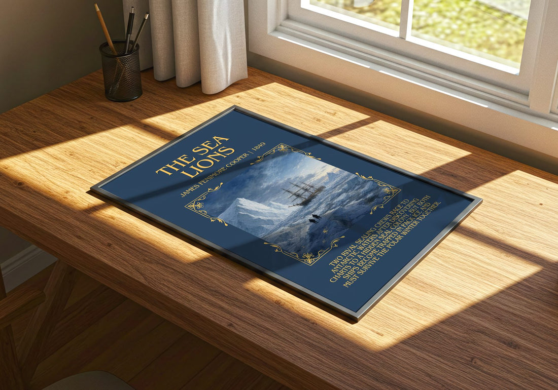 The Sea Lions Minimalist Book Poster by James Fenimore Cooper – print on a sunlit desk