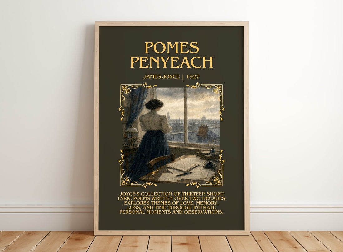 Pomes Penyeach Minimalist Book Poster by James Joyce – framed print leaning on a wooden floor