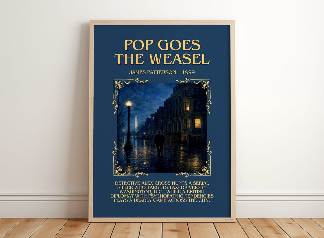 Pop Goes The Weasel Minimalist Book Poster by James Patterson – framed print leaning on a wooden floor