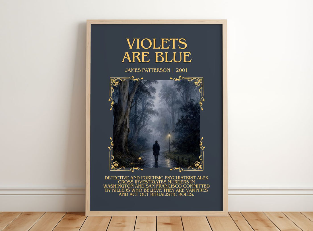 Violets Are Blue Minimalist Book Poster by James Patterson – framed print leaning on a wooden floor