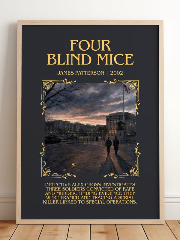 Four Blind Mice Minimalist Book Poster by James Patterson – framed print leaning on a wooden floor