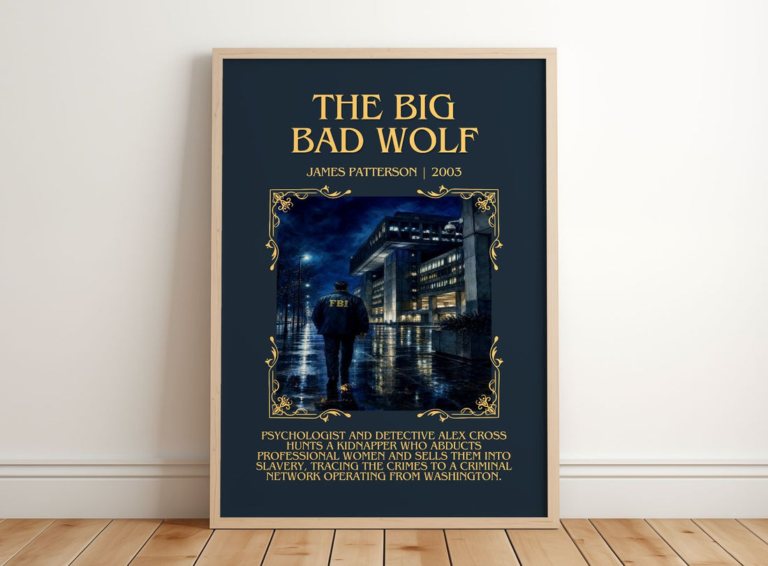 The Big Bad Wolf Minimalist Book Poster by James Patterson – framed print leaning on a wooden floor