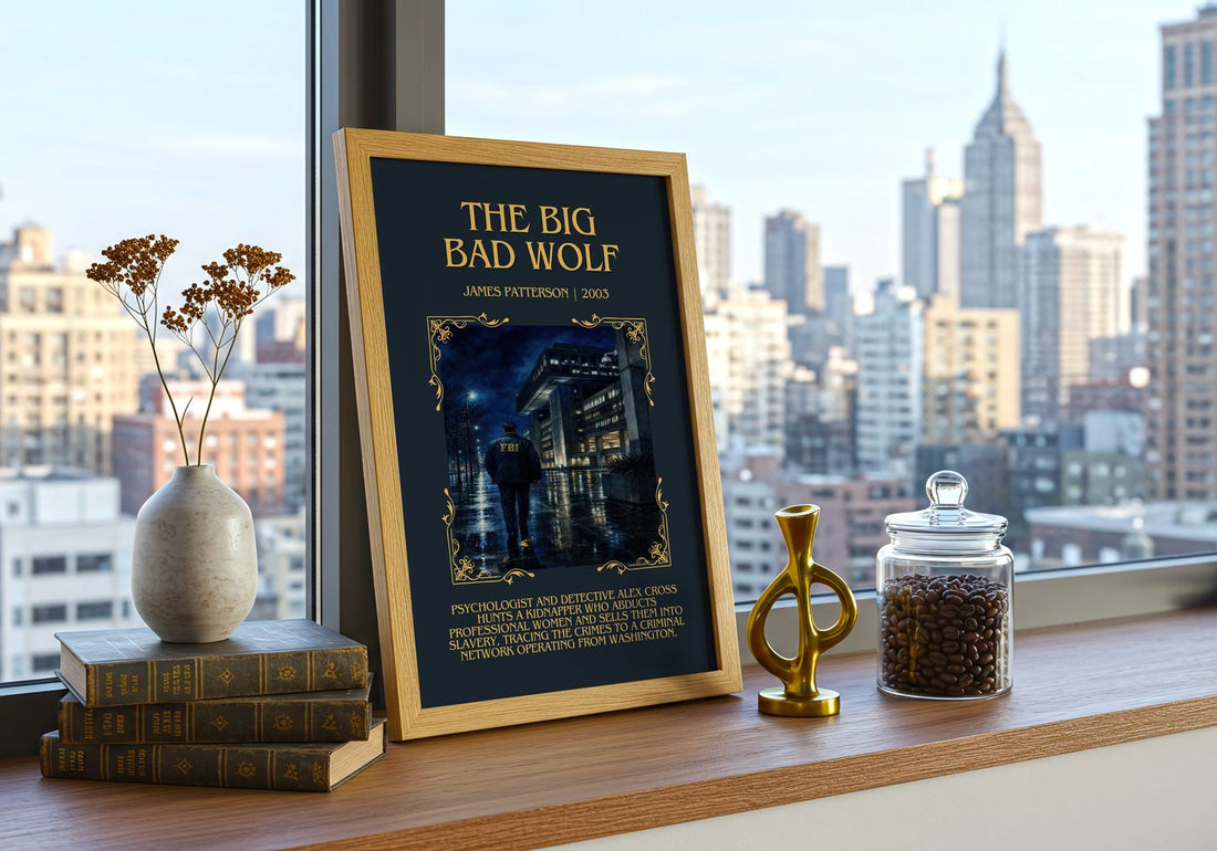 The Big Bad Wolf Minimalist Book Poster by James Patterson – framed print on a city-view windowsill