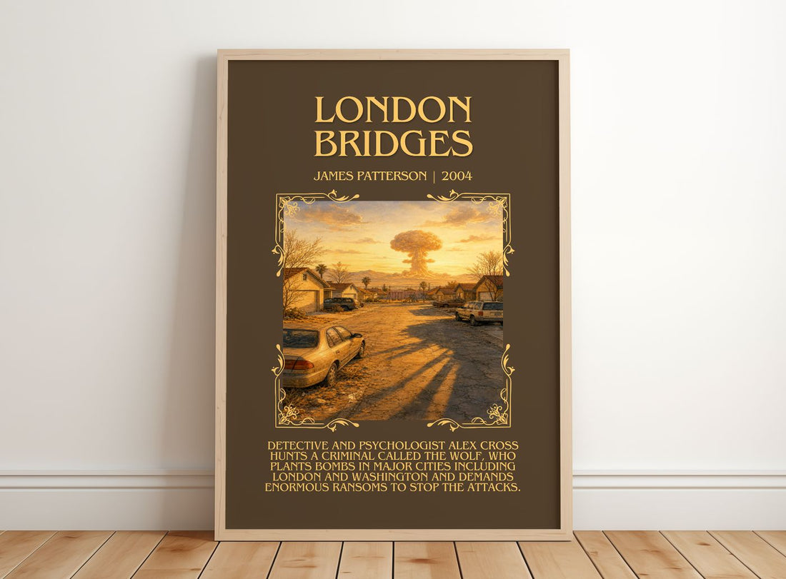 London Bridges Minimalist Book Poster by James Patterson – framed print leaning on a wooden floor