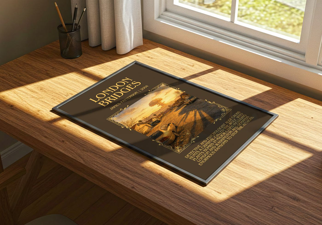 London Bridges Minimalist Book Poster by James Patterson – print on a sunlit desk