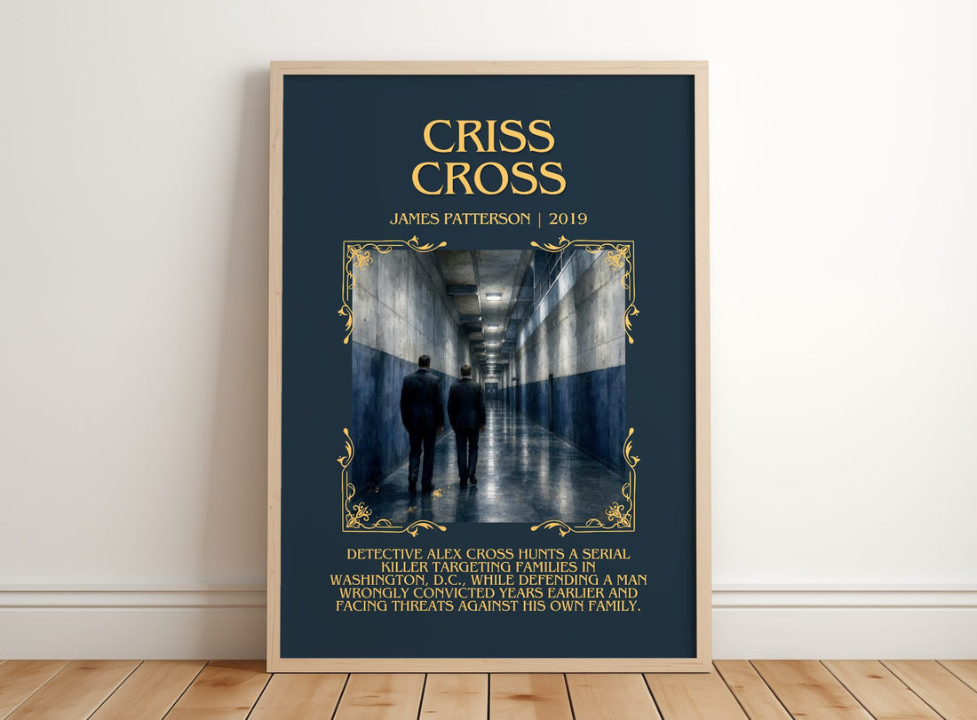 Criss Cross Minimalist Book Poster by James Patterson – framed print leaning on a wooden floor