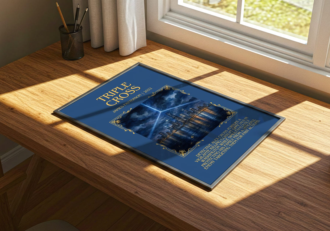 Triple Cross Minimalist Book Poster by James Patterson – print on a sunlit desk