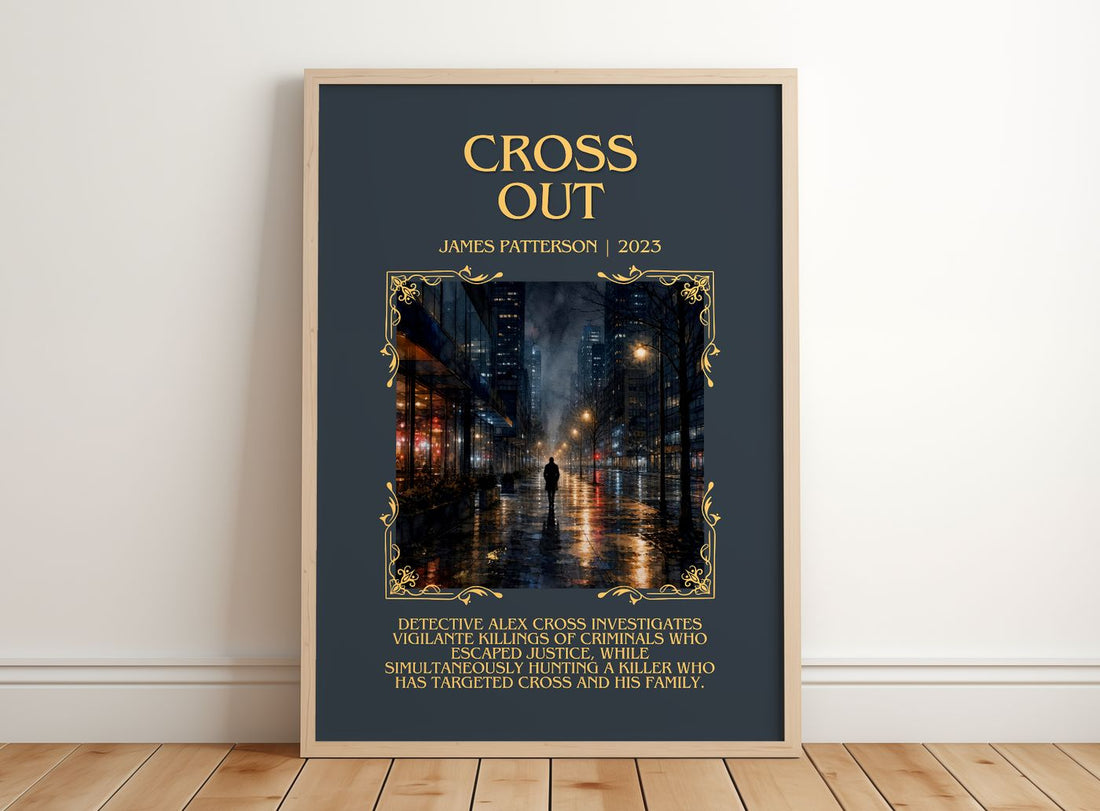 Cross Out Minimalist Book Poster by James Patterson – framed print leaning on a wooden floor
