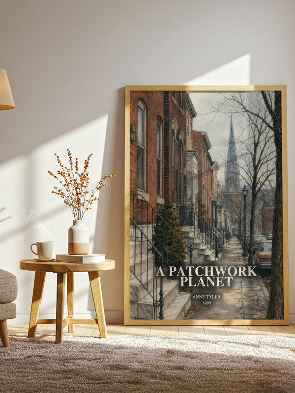 A Patchwork Planet watercolour print in frame leaning in hallway – contemporary fiction wall art