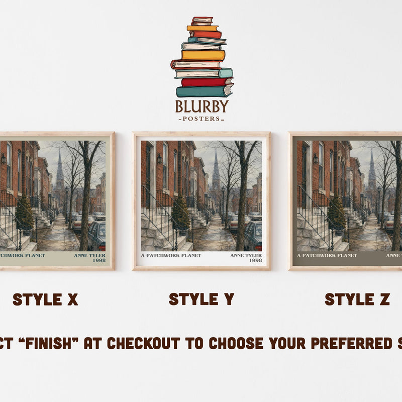 A Patchwork Planet literary print in frame leaning in hallway – contemporary fiction wall art