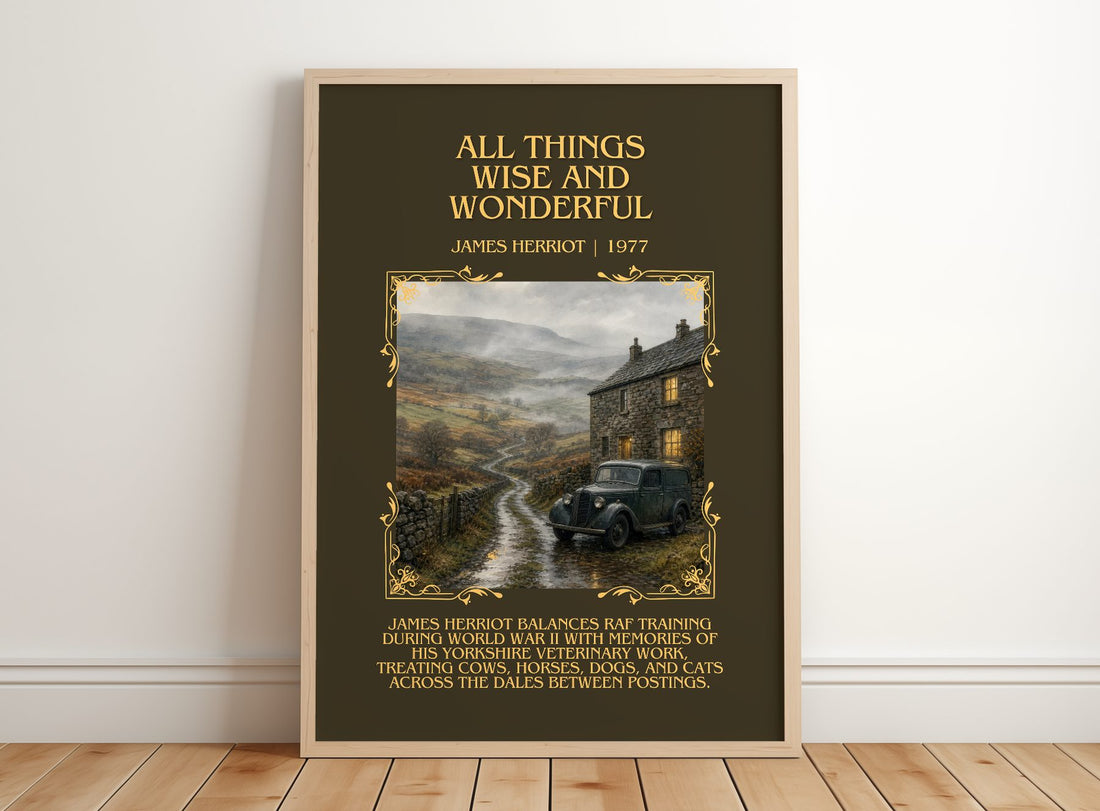 All Things Wise And Wonderful Minimalist Book Poster by James Herriot – framed print leaning on a wooden floor