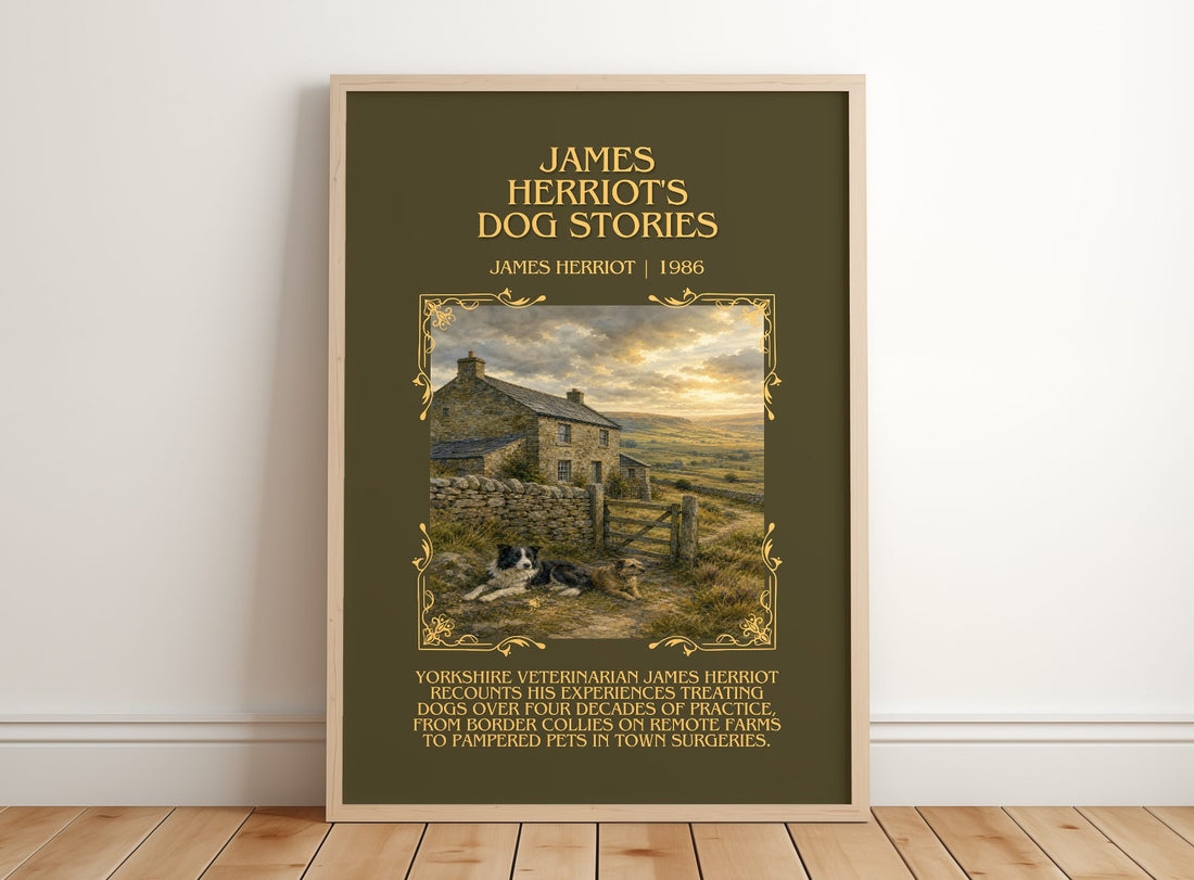 James Herriot'S Dog Stories Minimalist Book Poster by James Herriot – framed print leaning on a wooden floor