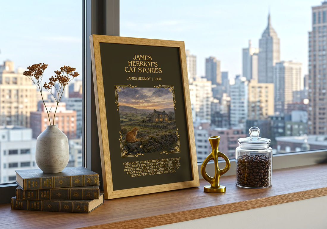 James Herriot'S Cat Stories Minimalist Book Poster by James Herriot – framed print on a city-view windowsill