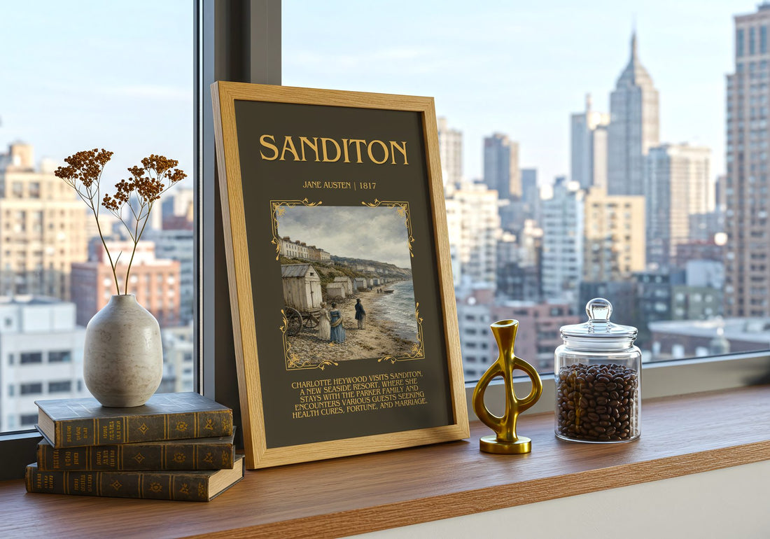 Sanditon Minimalist Book Poster by Jane Austen – framed print on a city-view windowsill