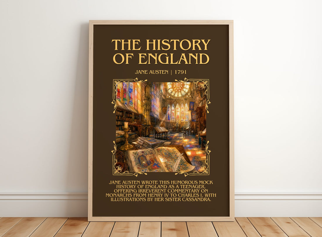 The History Of England Minimalist Book Poster by Jane Austen – framed print leaning on a wooden floor