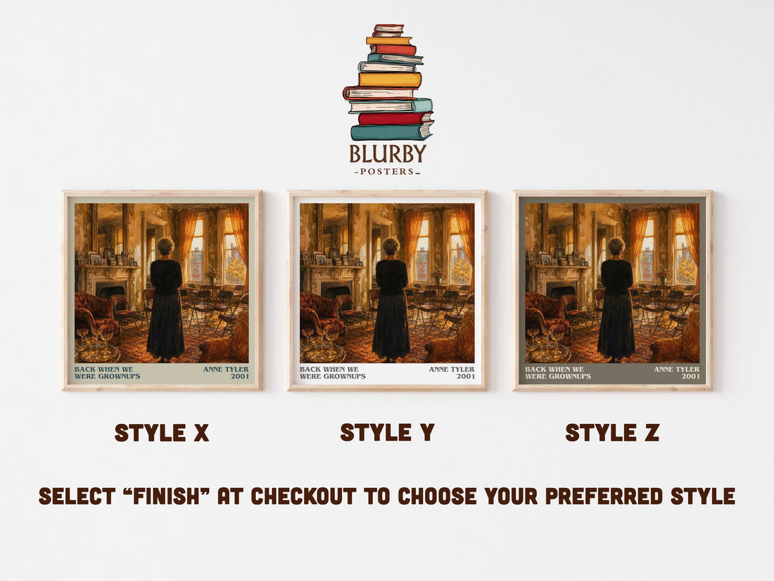 Back When We Were Grownups literary print in frame leaning in hallway – contemporary fiction wall art (mockup)
