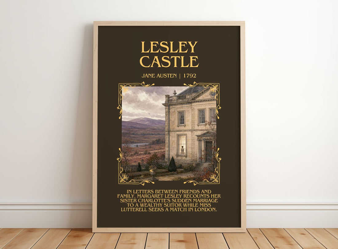 Lesley Castle Minimalist Book Poster by Jane Austen – framed print leaning on a wooden floor
