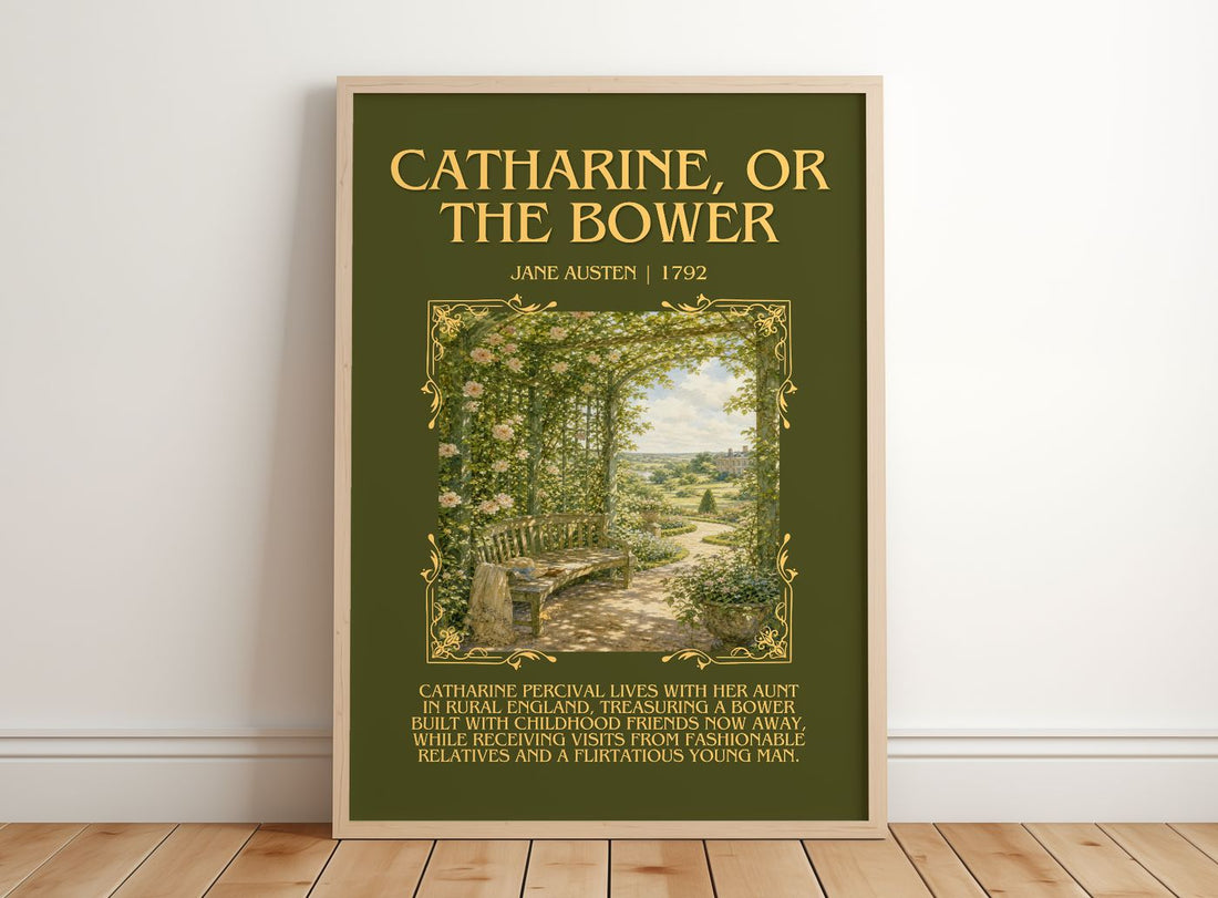 Catharine, Or The Bower Minimalist Book Poster by Jane Austen – framed print leaning on a wooden floor