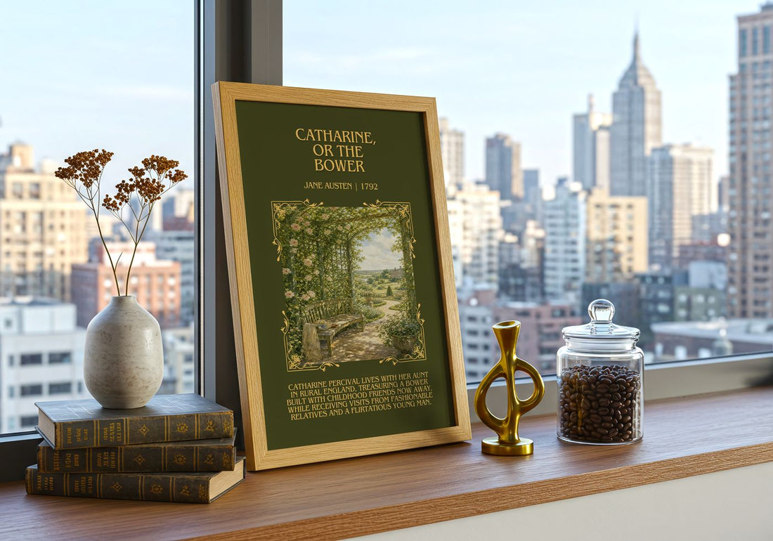Catharine, Or The Bower Minimalist Book Poster by Jane Austen – framed print on a city-view windowsill