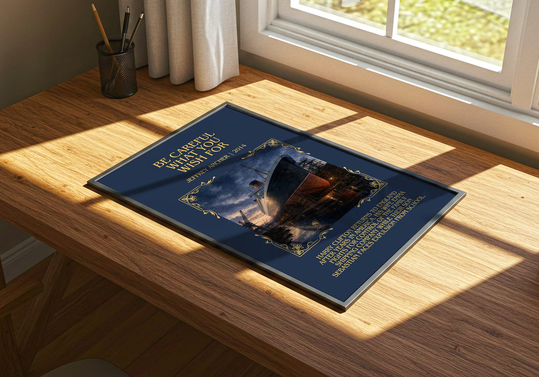 Be Careful What You Wish For Minimalist Book Poster by Jeffrey Archer – print on a sunlit desk