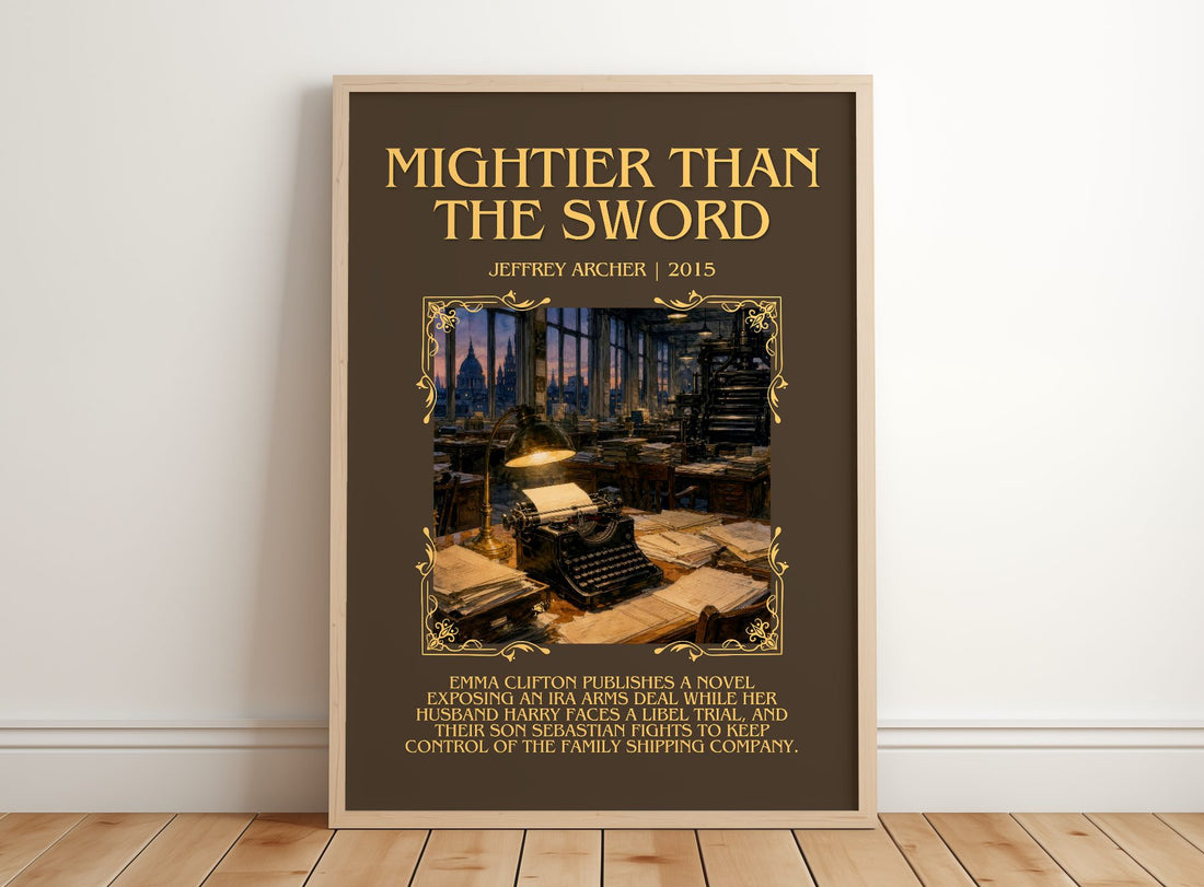 Mightier Than The Sword Minimalist Book Poster by Jeffrey Archer – framed print leaning on a wooden floor