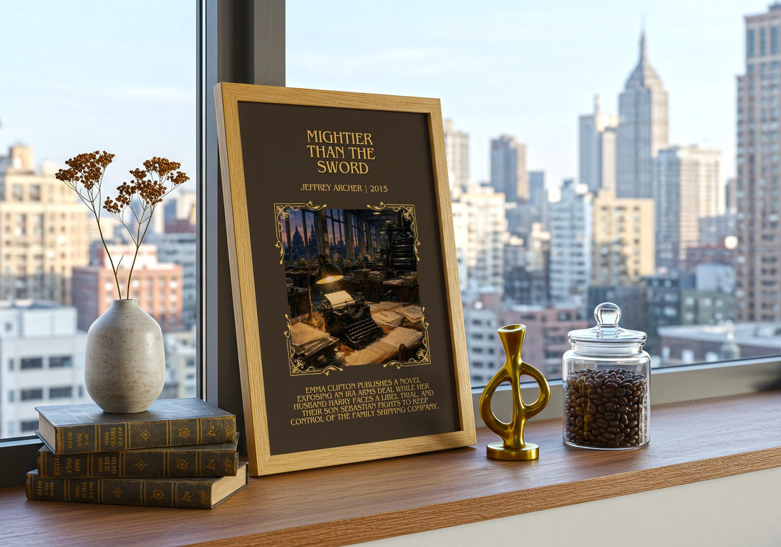 Mightier Than The Sword Minimalist Book Poster by Jeffrey Archer – framed print on a city-view windowsill