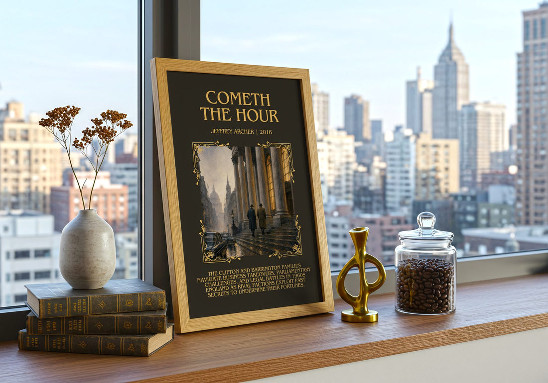 Cometh The Hour Minimalist Book Poster by Jeffrey Archer – framed print on a city-view windowsill
