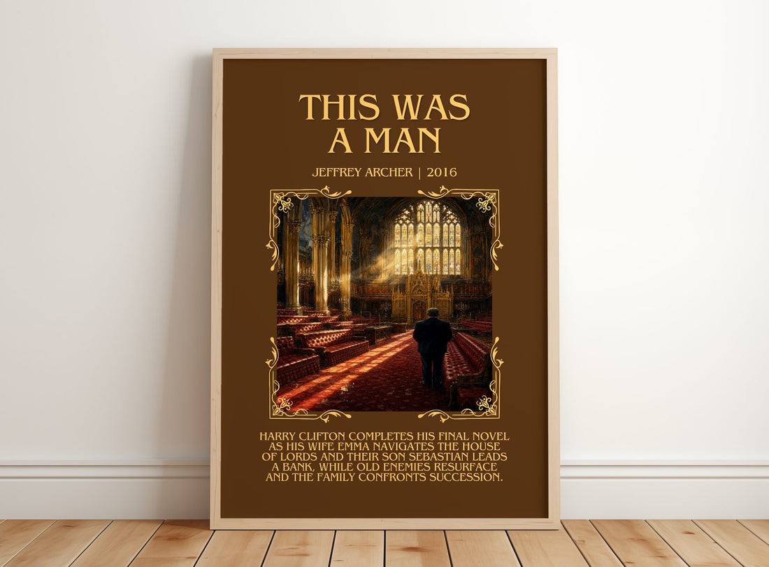 This Was A Man Minimalist Book Poster by Jeffrey Archer – framed print leaning on a wooden floor