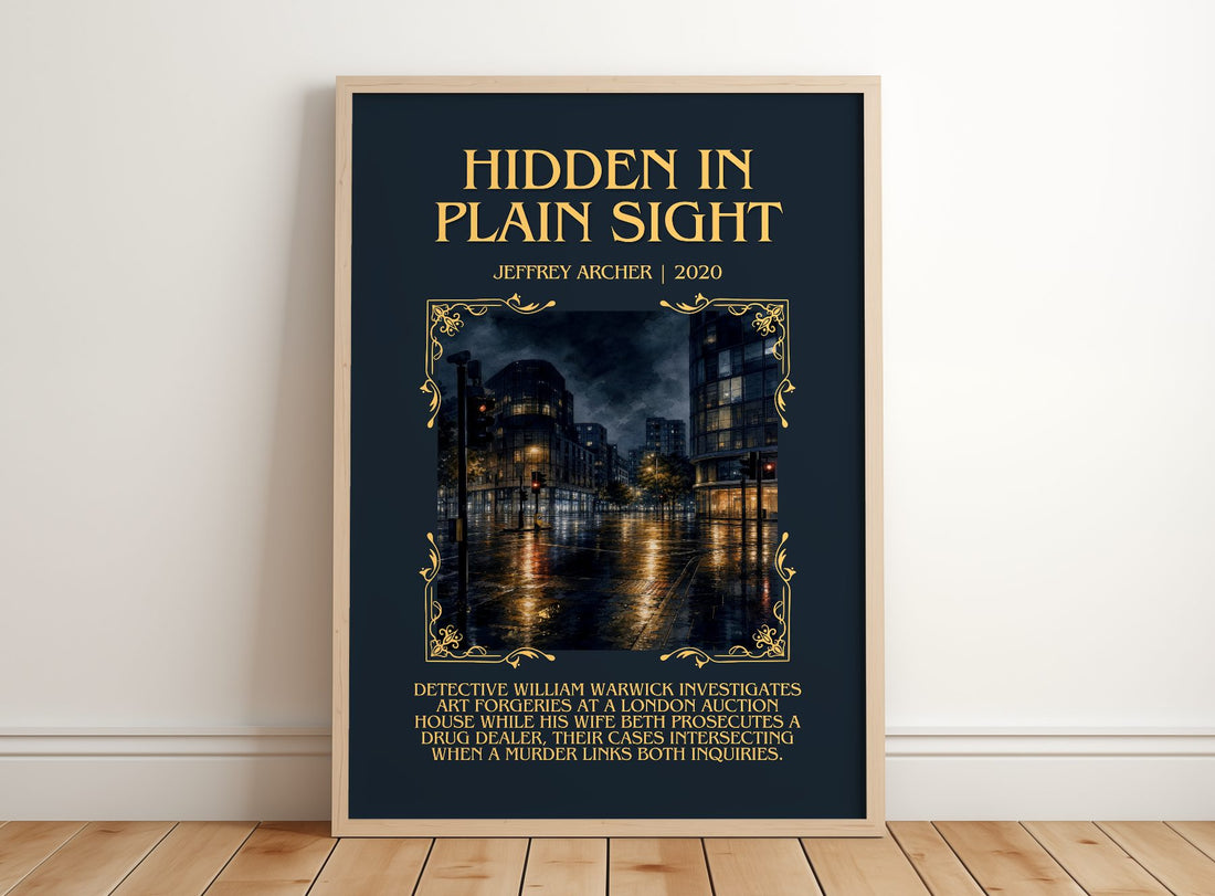 Hidden In Plain Sight Minimalist Book Poster by Jeffrey Archer – framed print leaning on a wooden floor