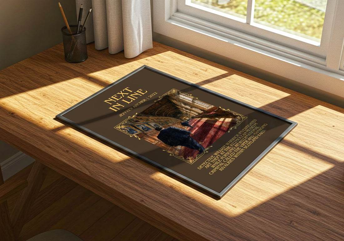 Next In Line Minimalist Book Poster by Jeffrey Archer – print on a sunlit desk