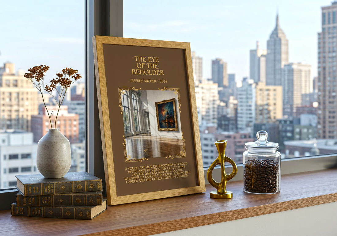 The Eye Of The Beholder Minimalist Book Poster by Jeffrey Archer – framed print on a city-view windowsill