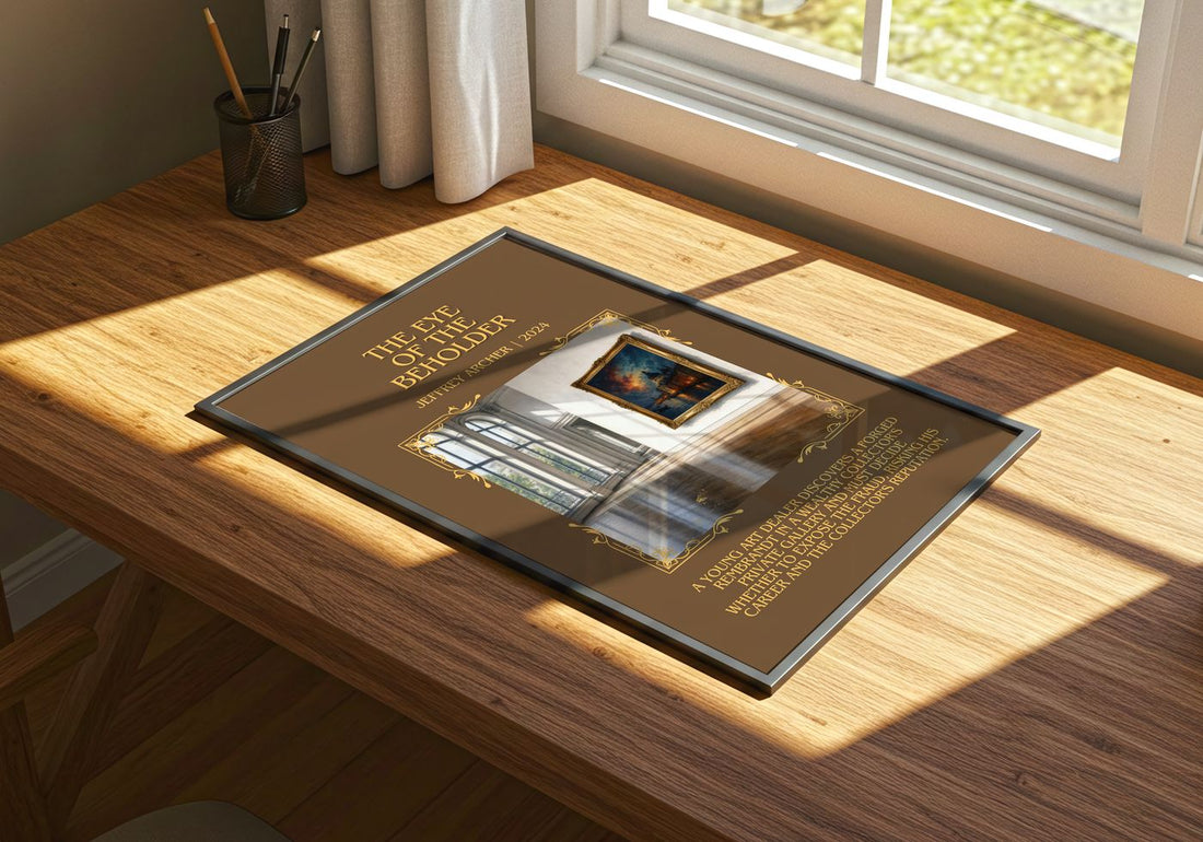 The Eye Of The Beholder Minimalist Book Poster by Jeffrey Archer – print on a sunlit desk