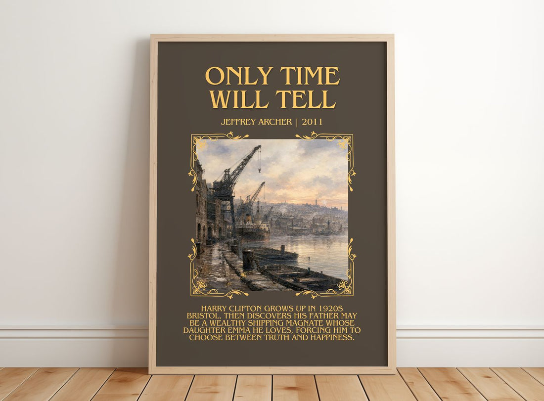 Only Time Will Tell Minimalist Book Poster by Jeffrey Archer – framed print leaning on a wooden floor
