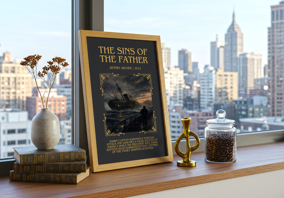 The Sins Of The Father Minimalist Book Poster by Jeffrey Archer – framed print on a city-view windowsill