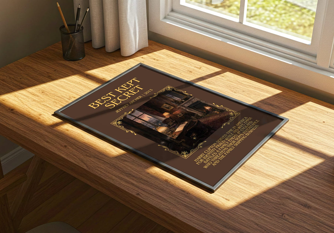 Best Kept Secret Minimalist Book Poster by Jeffrey Archer – print on a sunlit desk