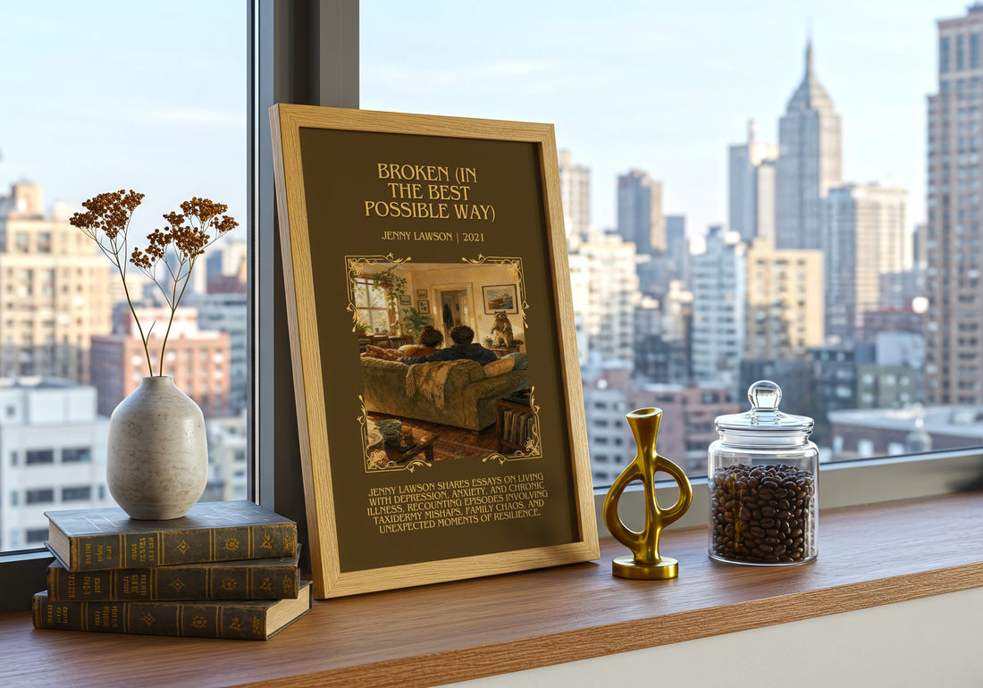 Broken (In The Best Possible Way) Minimalist Book Poster by J. Lawson – framed print on a city-view windowsill