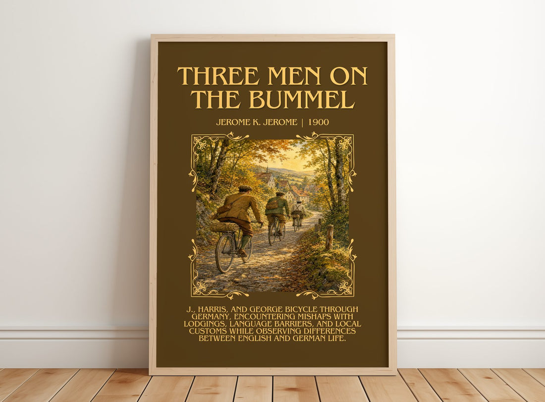 Three Men On The Bummel Minimalist Book Poster by Jerome K. Jerome – framed print leaning on a wooden floor