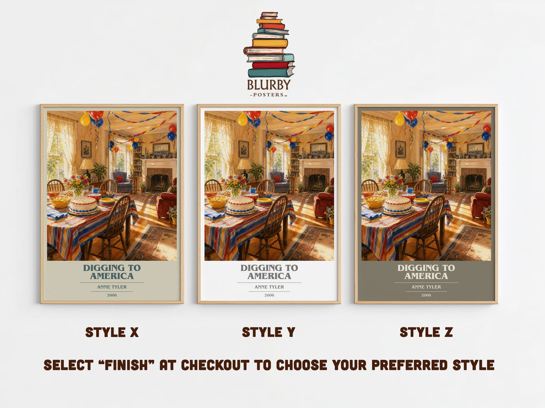 Digging To America book cover print in frame leaning in hallway – contemporary fiction wall art (mockup)